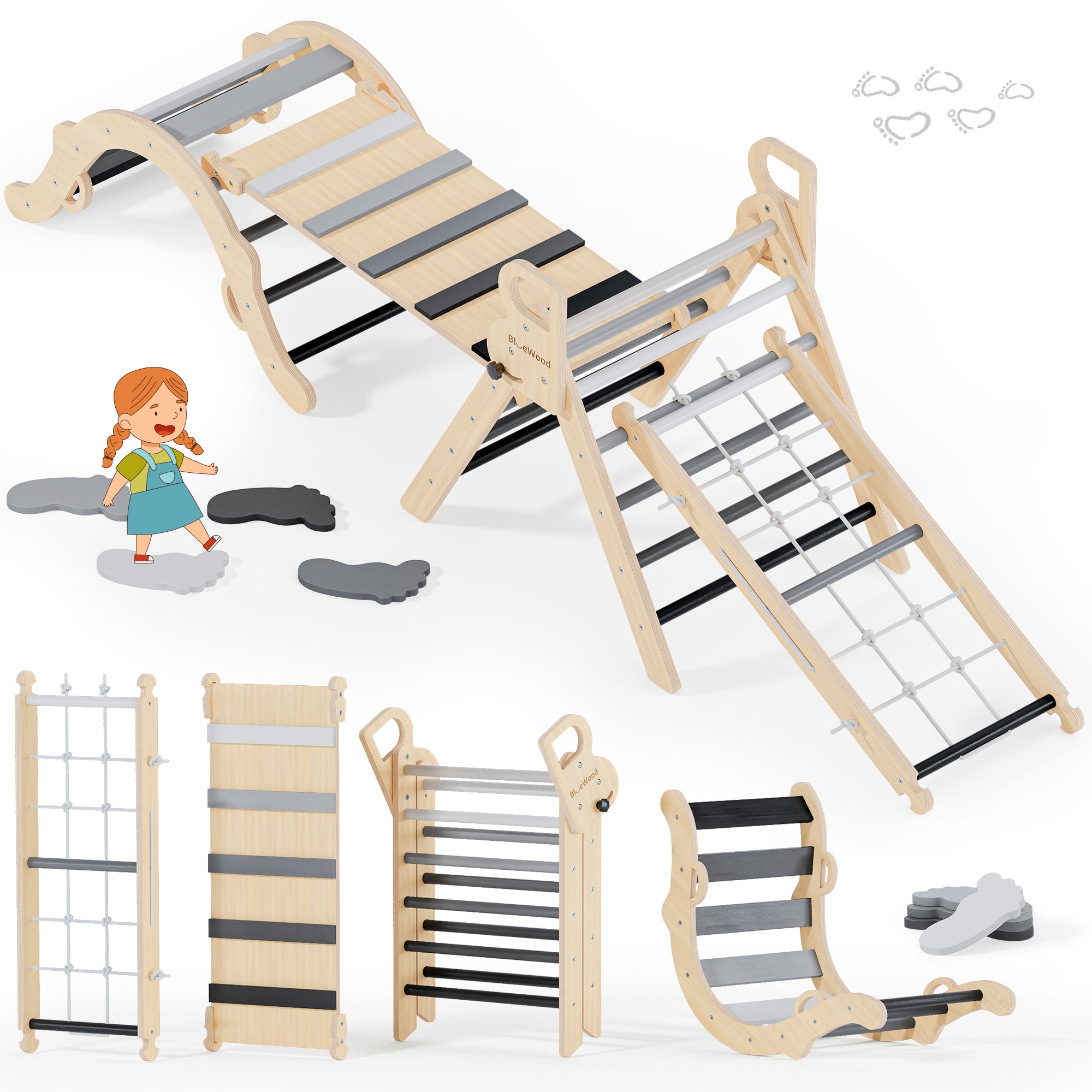 Ramble- BlueWood® Pikler Triangle Playset with Rope Ladder *Pebbles